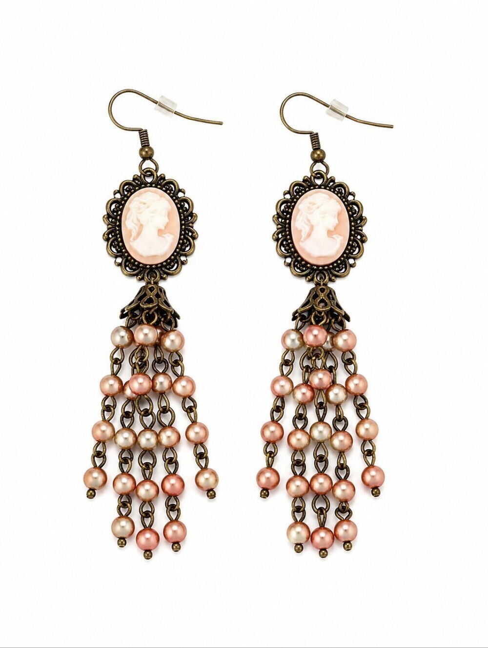 VTG Coquette Cameo Beaded Chain Tassel Bronze Dangle Hook Earrings